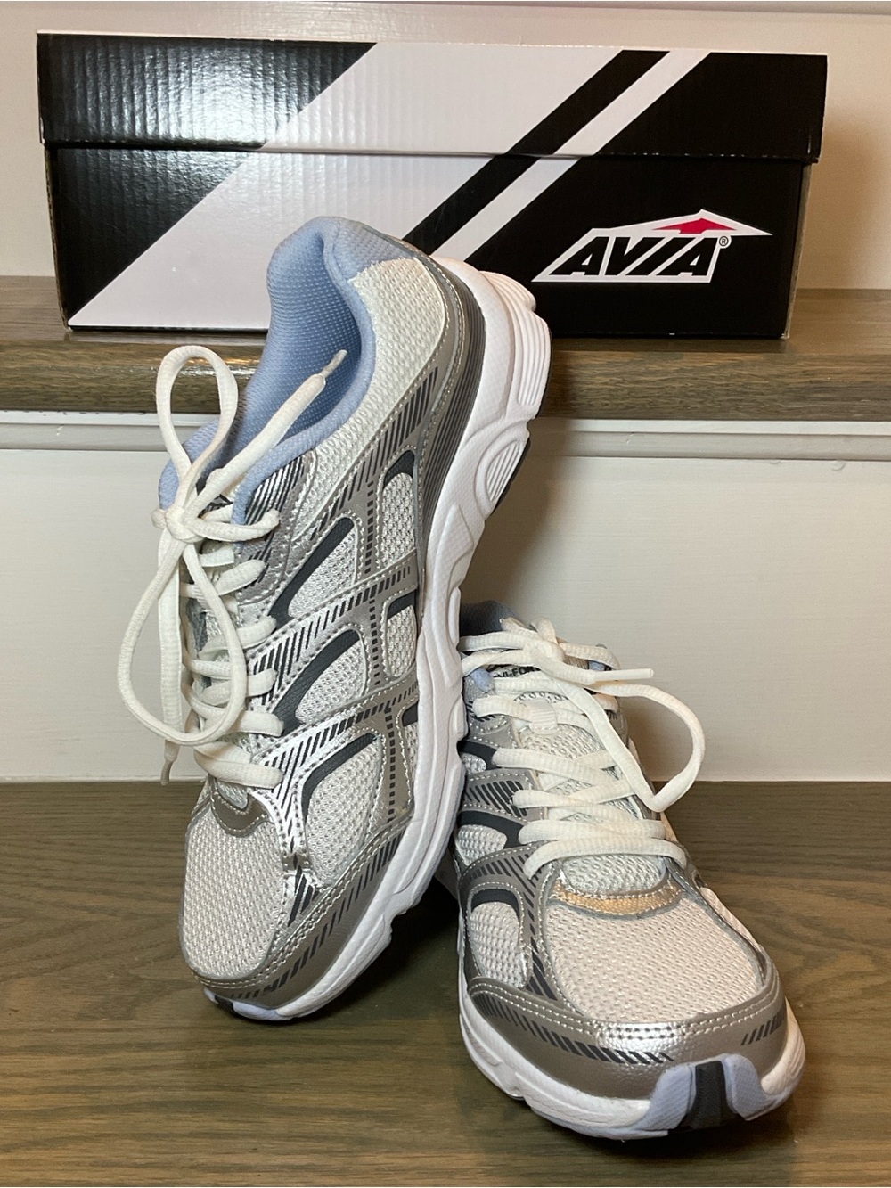 Avia White, Chrome Silver, & Skyway Blue Women's Athletic Sneaker (7)